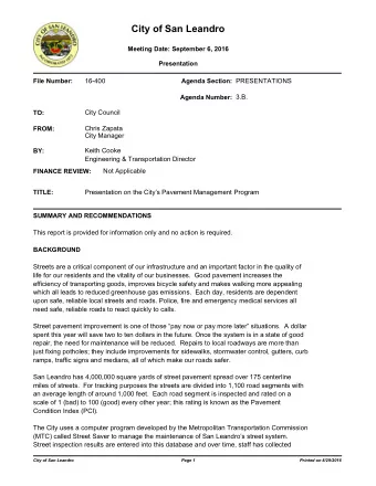 City of San Leandro  Meeting Date: September 6, 2016  Presentation  16-400  PRESENTATIONS  File