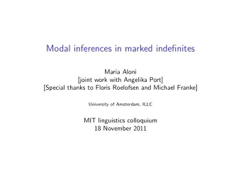 Modal inferences in marked indefinites  Maria Aloni  [joint work with Angelika Port]  [Special
