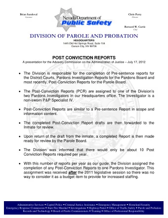 DIVISION OF PAROLE AND PROBATION  HEADQUARTERS  1445 Old Hot Springs Road, Suite 104  Carson City,