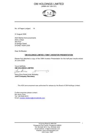 OM HOLDINGS LIMITED  (ARBN 081 028 337)  No. of Pages Lodged:  14  31 August 2020  ASX Market