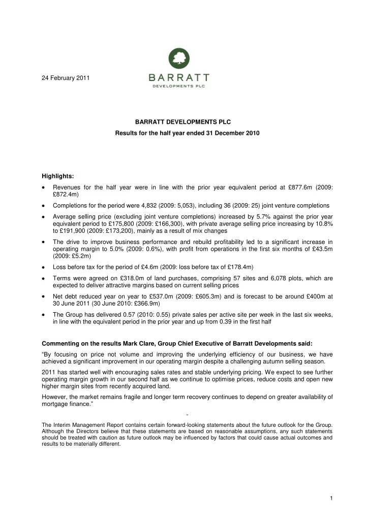 24 february 2011 barratt developments plc results for the