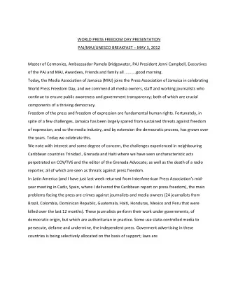 WORLD PRESS FREEDOM DAY PRESENTATION PAJ/MAJ/UNESCO BREAKFAST  MAY 3, 2012  Master of Cermonies,