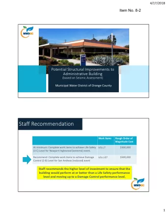 PRESENTATION TITLE  Administrative Building  (based on Seismic Assessment)  Municipal Water