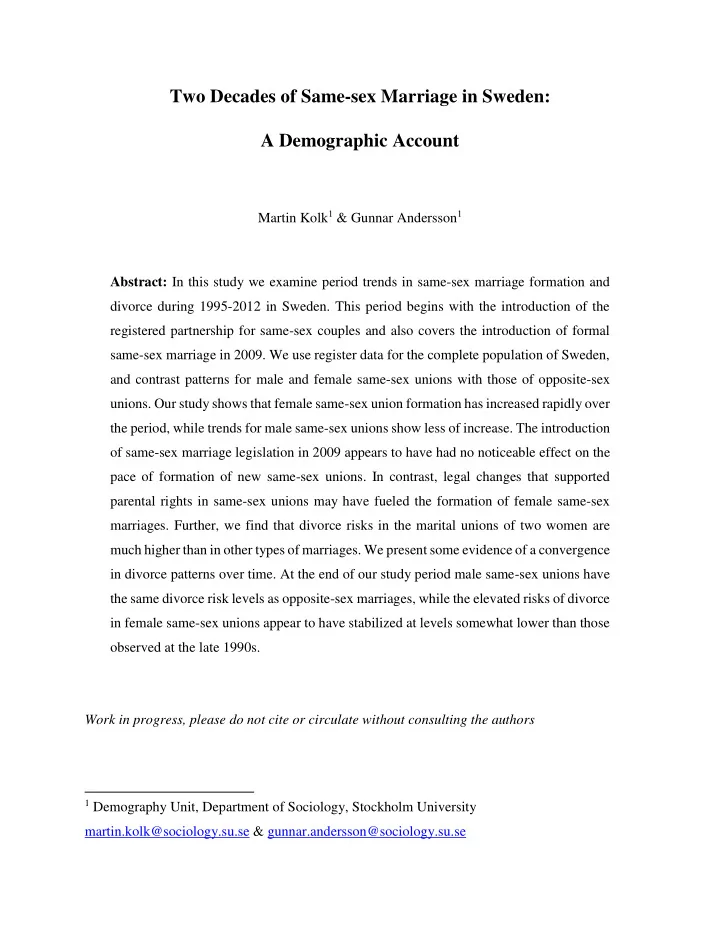 two decades of same sex marriage in sweden a demographic