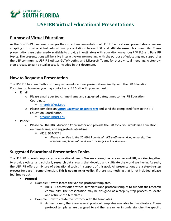 usf irb virtual educational presentations