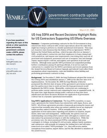 government contracts update A PUBLICATION OF VENABLE'S GOVERNMENT CONTRACTS GROUP  March 31, 2009