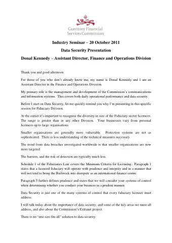 Industry Seminar  20 October 2011  Data Security Presentation Donal Kennedy  Assistant