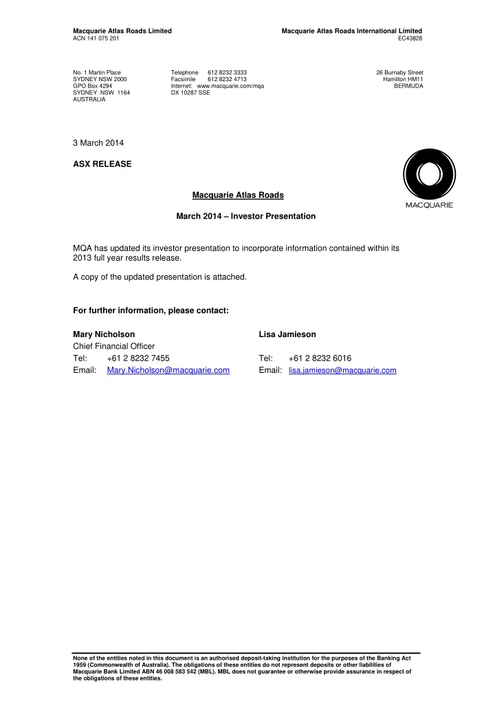3 march 2014 asx release macquarie atlas roads march 2014