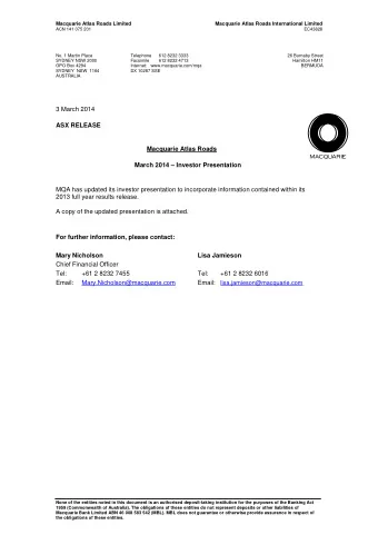 3 March 2014 ASX RELEASE  Macquarie Atlas Roads March 2014  Investor Presentation  MQA has