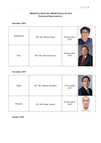 PRESENTATION OF CREDENTIALS IN 2019  Permanent Representatives  December 2019  Bangladesh  H.E. Ms.