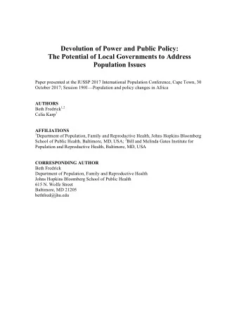 Devolution of Power and Public Policy:  The Potential of Local Governments to Address  Population