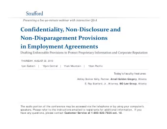 Confidentiality, Non  Disclosure and Non  Disparagement Provisions  p  g in Employment