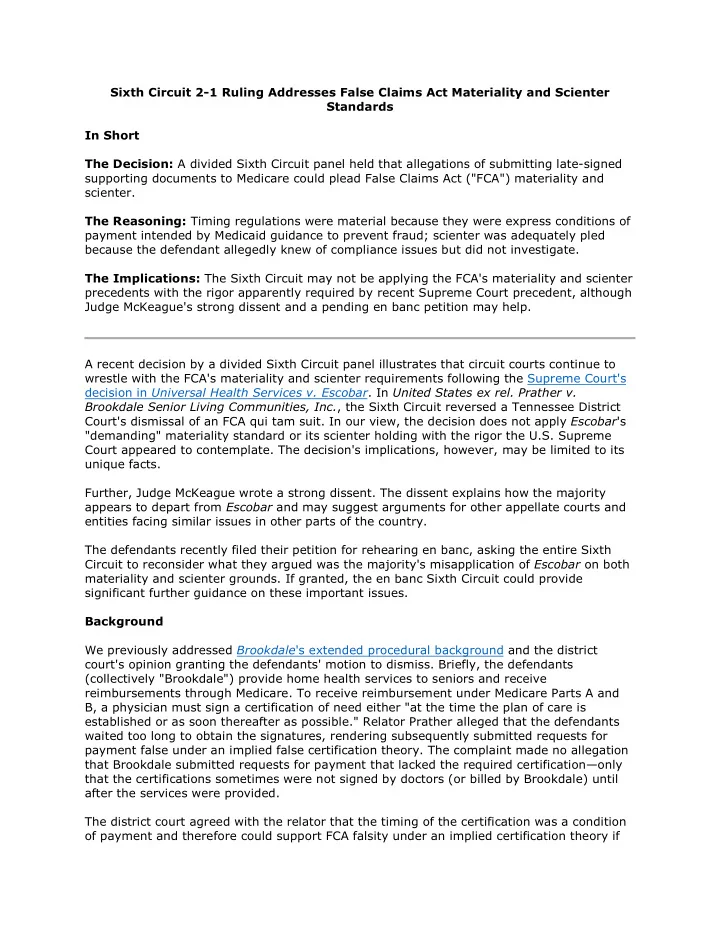 sixth circuit 2 1 ruling addresses false claims act