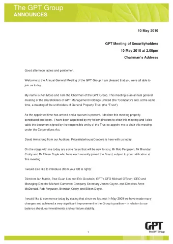 The GPT Group  ANNOUNCES  10 May 2010  GPT Meeting of Securityholders  10 May 2010 at 2.00pm
