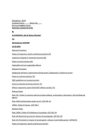 C h a p t e r  X I V  I n s p e c t i o n ,  S e a r c h ,  S e i z u r e and a r r e s t .