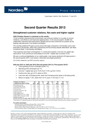 Second Quarter Results 2013  Strengthened customer relations, flat costs and higher capital  CEO