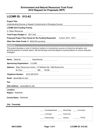 LCCMR ID: 012-A2  Project Title:  Understanding Sources of Aquatic Contaminants of Emerging Concern