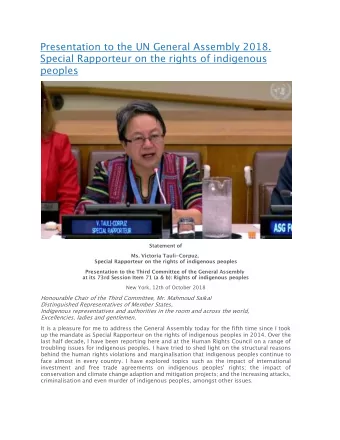 Presentation to the UN General Assembly 2018.  Special Rapporteur on the rights of indigenous