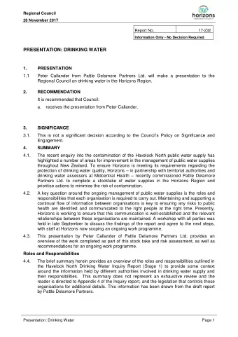 PRESENTATION: DRINKING WATER  1.  PRESENTATION  1.1  Peter Callander from Pattle Delamore Partners