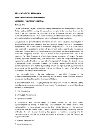PRESENTATION: SRI LANKA  HONOURABLE ERAN WICKRAMARATNE,  MEMBER OF PARLIAMENT, SRI LANKA 21st July