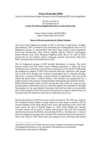 Voices from the Hills  Teach-in on the Human Rights Situation of the Chittagong Hill Tracts,