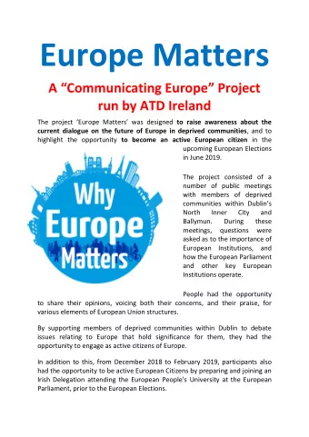 Europe Matters A  Communicating Europe  Project  run by ATD Ireland The project Europe