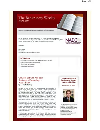 The Bankruptcy Weekly July 15, 2009 Brought to you by the National Association of Dealer Counsel