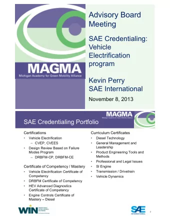 Advisory Board  Meeting  SAE Credentialing:  Vehicle  Electrification  program  Kevin Perry  SAE