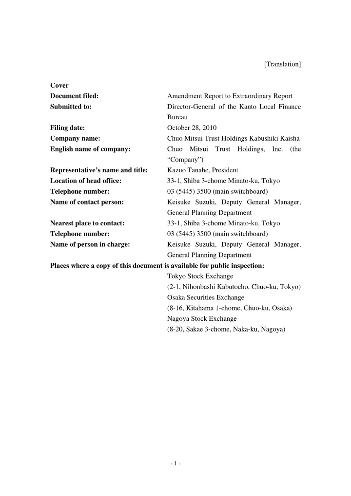 translation cover document filed amendment report to