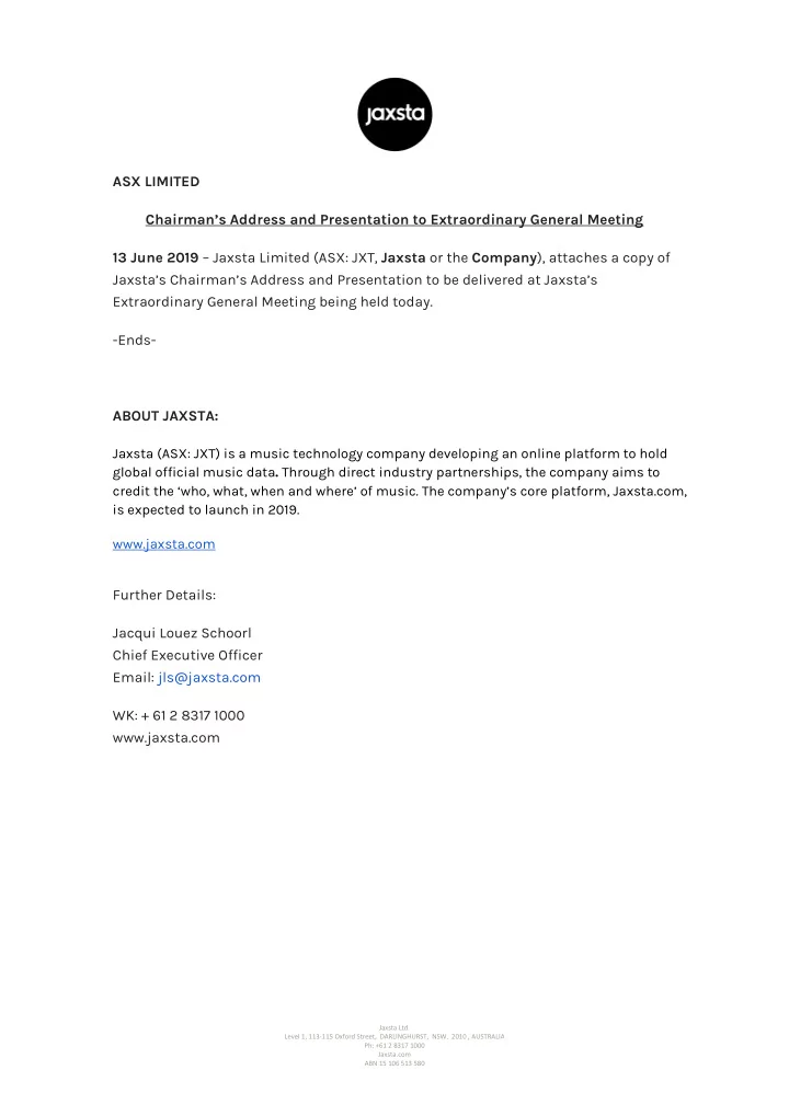 asx limited chairman s address and presentation to