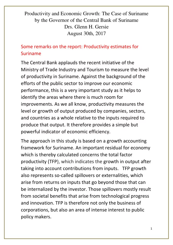 productivity and economic growth the case of suriname by