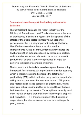 Productivity and Economic Growth: The Case of Suriname  by the Governor of the Central Bank of