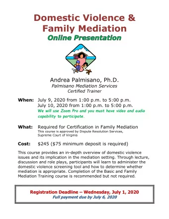 Domestic Violence &amp;  Family Mediation  Andrea Palmisano, Ph.D.  Palmisano Mediation Services
