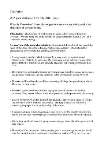 Carl Parker  U3A presentation on 12th July 2018 - prcis  What is Terrorism? How did we get to