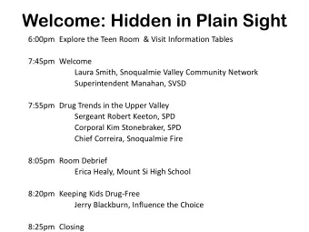 Welcome: Hidden in Plain Sight  6:00pm Explore the Teen Room  &amp; Visit Information Tables