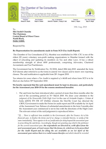 10th Aug, 2018  To,  Shri Sushil Chandra  The Chairman,  Central Board of Direct Taxes  North