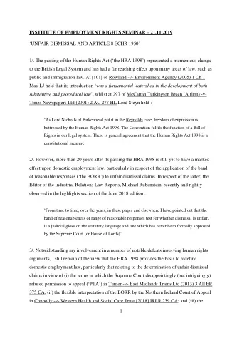INSTITUTE OF EMPLOYMENT RIGHTS SEMINAR  21.11.2019  UNFAIR DISMISSAL AND ARTICLE 8 ECHR 1950
