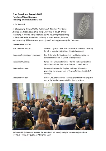 Four Freedoms Awards 2018  Freedom of Worship Award  To Bishop Emeritus Paride Taban  By Per