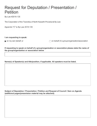 Request for Deputation / Presentation /  Petition  By-Law #2016-135  The Corporation of the