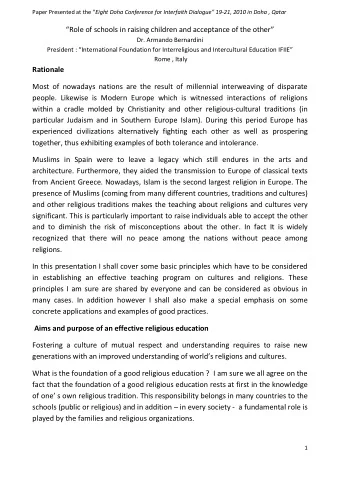 Role of schools in raising children and acceptance of the other  Dr. Armando Bernardini