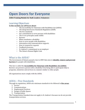 Open Doors for Everyone AODA Training Module for Staff, Leaders, Volunteers  Learning Objectives In