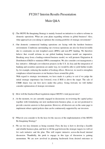 FY2017 Interim Results Presentation  Main Q&amp;A Q  The MUFG Re-Imagining Strategy is mainly