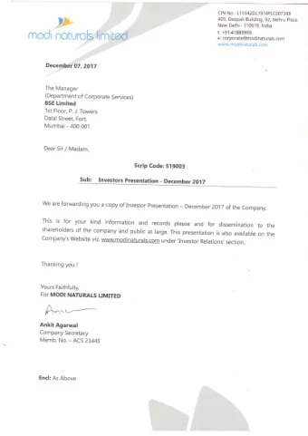 Modi Naturals Ltd. Investor Presentation  December 2017 Indias Finest Range of Branded Edible