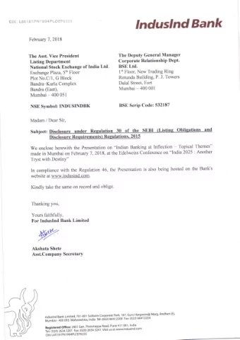 vy Akshata Shete Asst.Company Secretary tnduslnd Bank Limited, 70 I -80 t Solitaire Corporate Park'