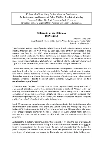 7 th Annual African Unity for Renaissance Conference  Reflections on, and lessons of Dakar 1987 for