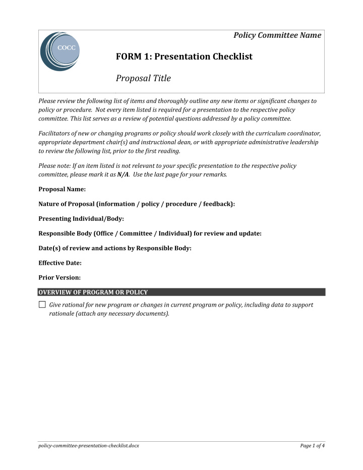 form 1 presentation checklist proposal title