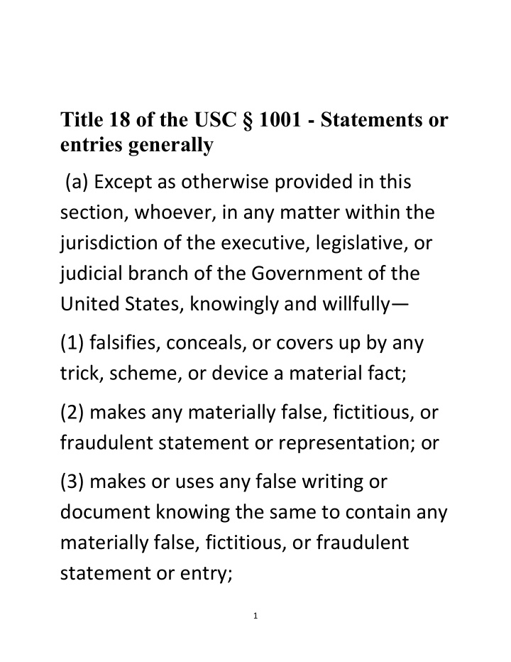 title 18 of the usc 1001 statements or entries generally
