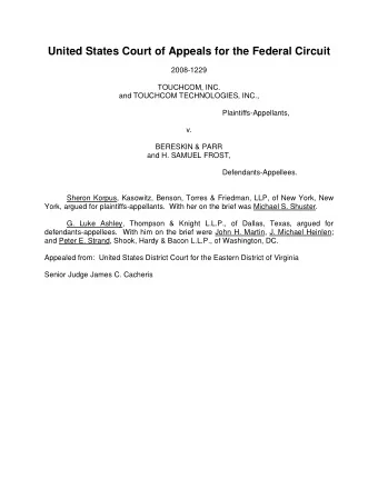 United States Court of Appeals for the Federal Circuit  2008-1229  TOUCHCOM, INC.  and TOUCHCOM