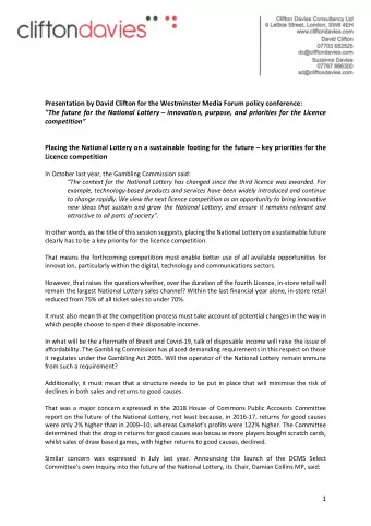 Presentation by David Clifton for the Westminster Media Forum policy conference:  The future for