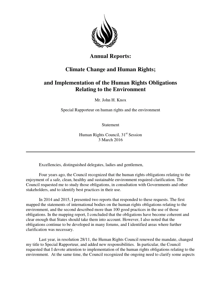 annual reports climate change and human rights and